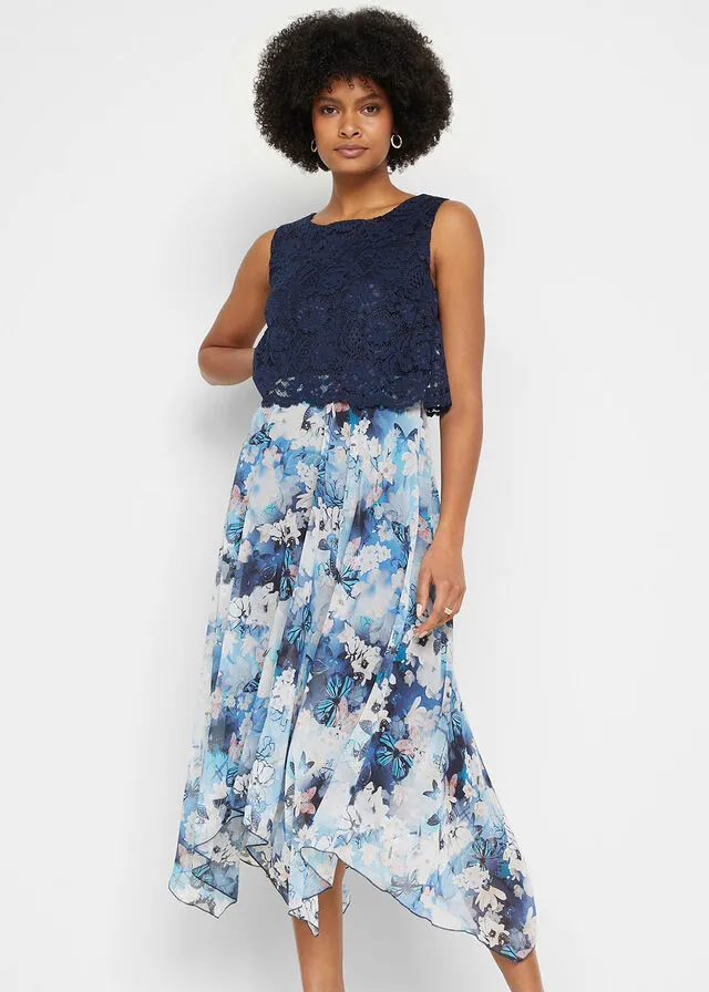 Vestido de gasa con encaje Azul marino de flores