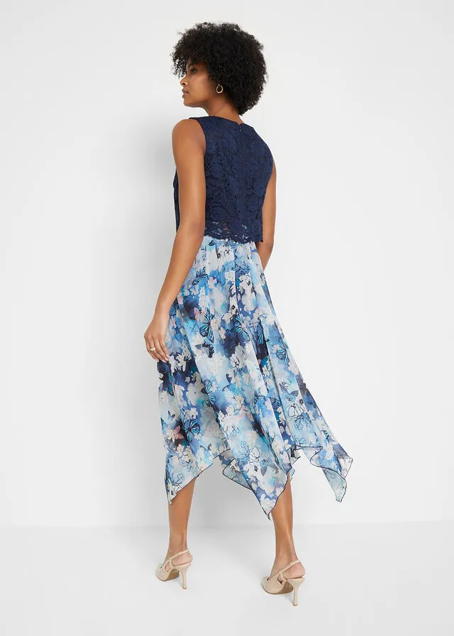 Vestido de gasa con encaje Azul marino de flores