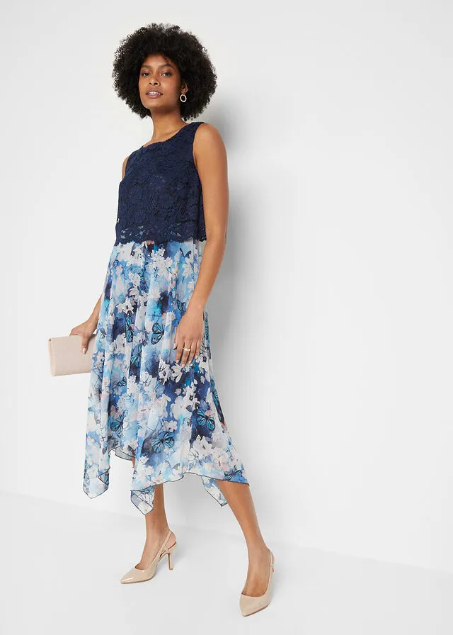 Vestido de gasa con encaje Azul marino de flores
