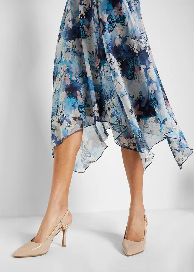 Vestido de gasa con encaje Azul marino de flores
