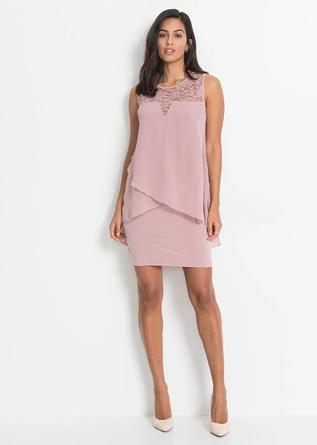 Vestido de punto con gasa Rosa