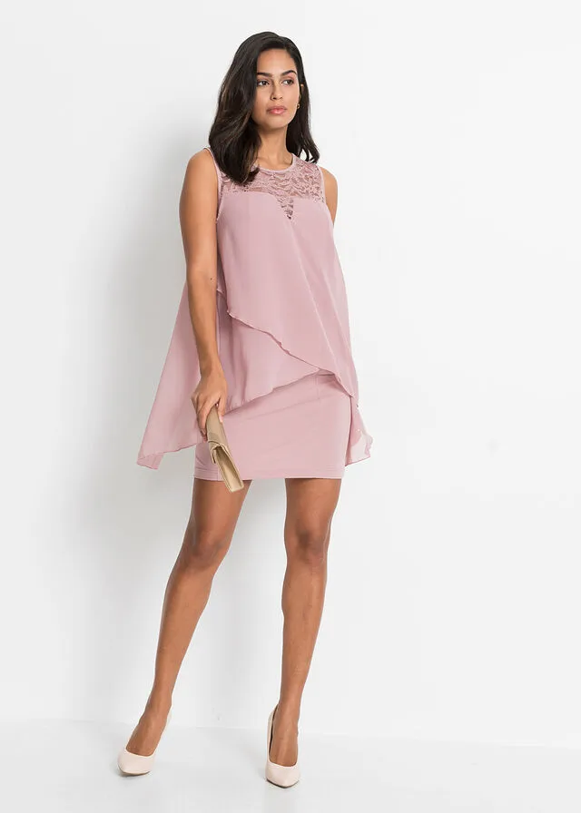 Vestido de punto con gasa Rosa