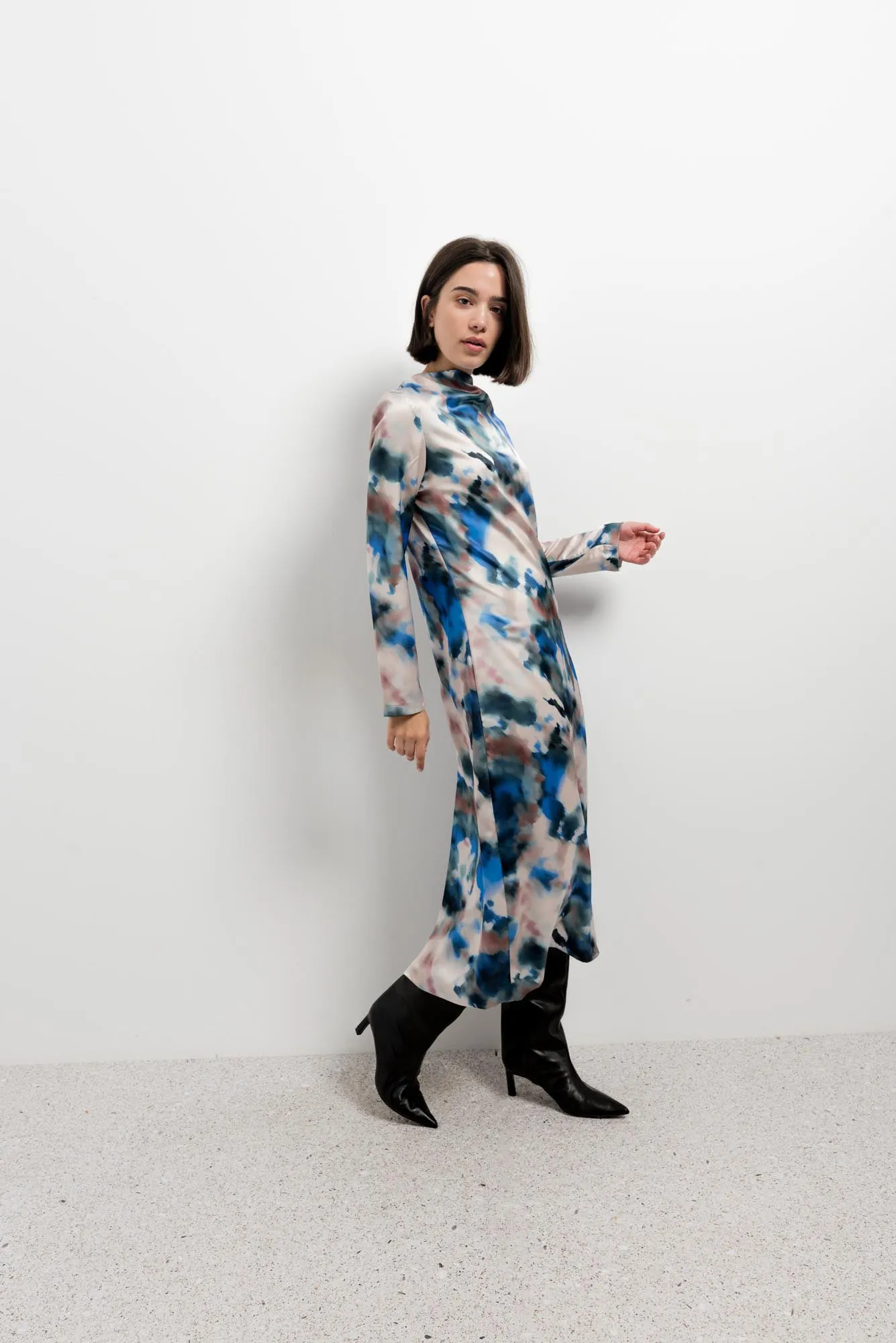 Vestido midi estampado estilo fluido manga larga para mujer