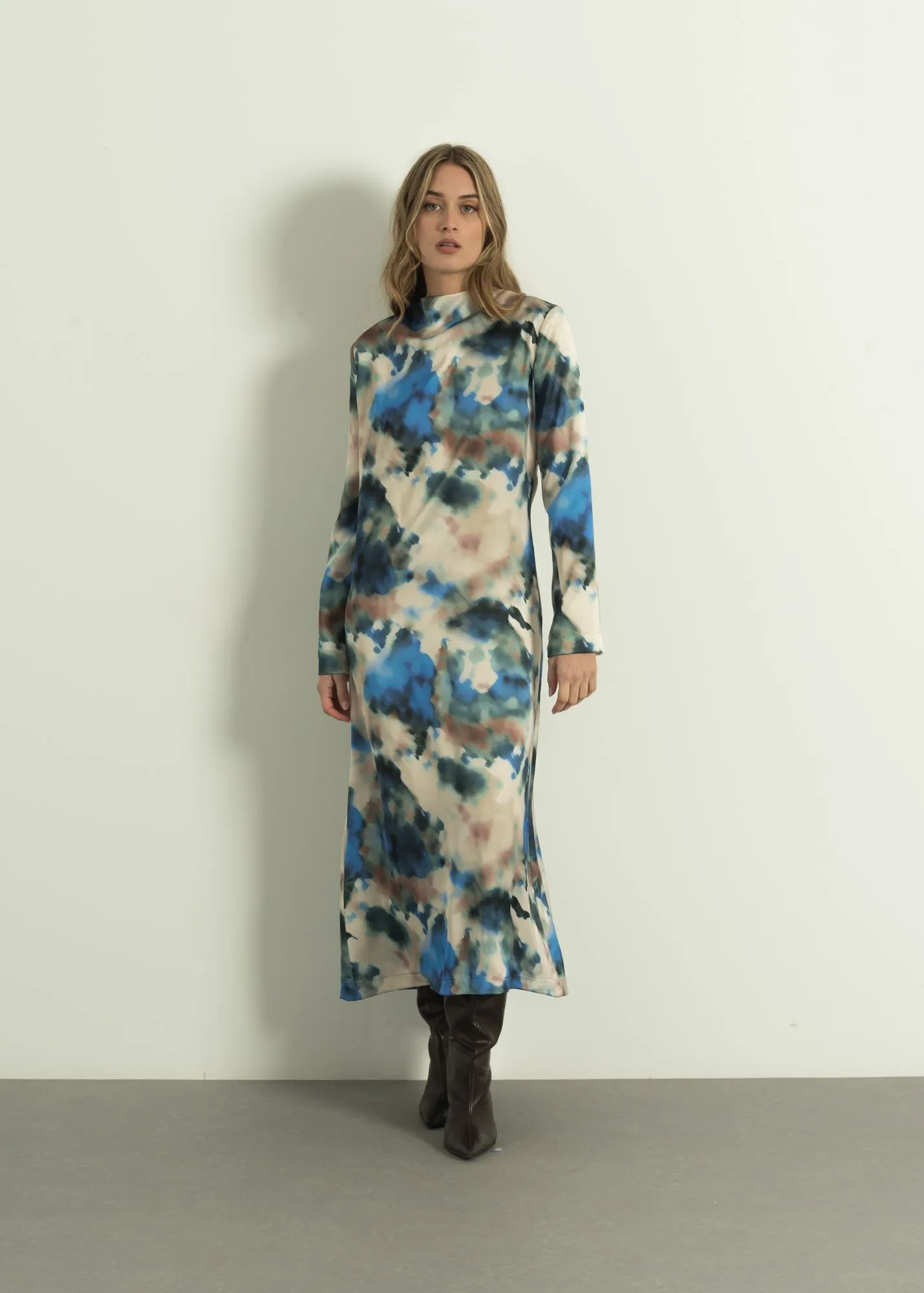 Vestido midi estampado estilo fluido manga larga para mujer