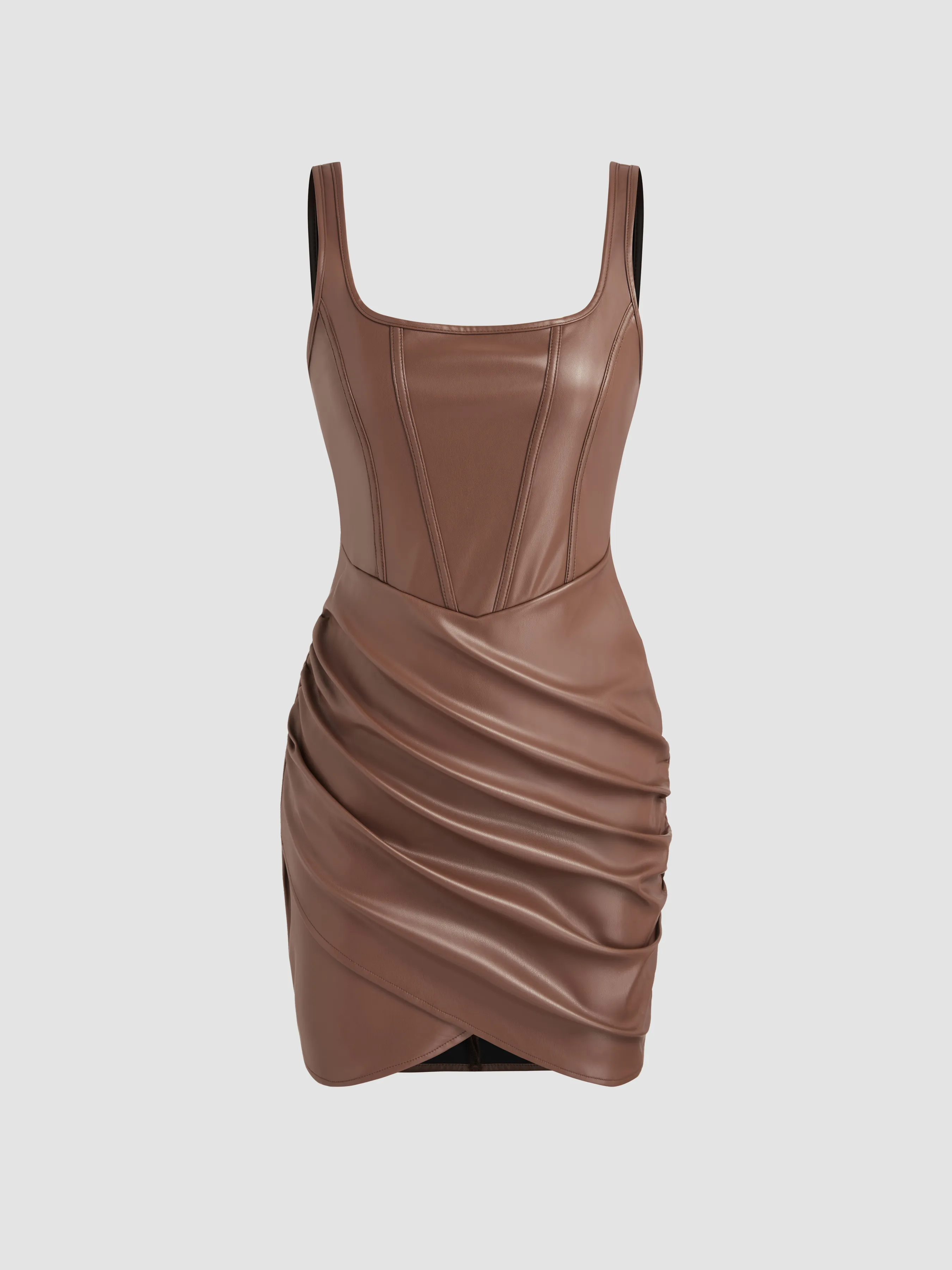  Vestido Mini Drapeado de Cuero Falso con Cuello Cuadrado
