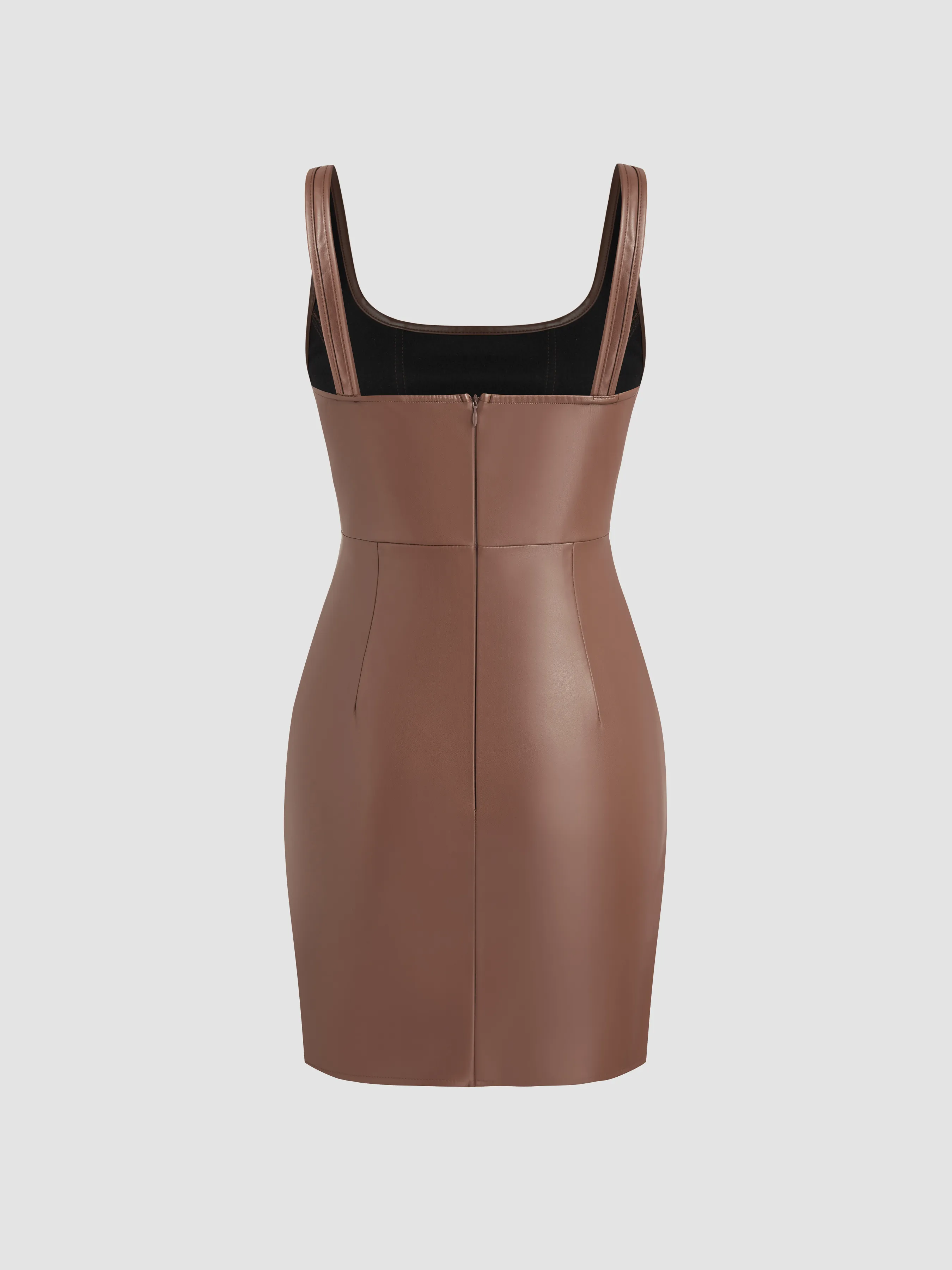  Vestido Mini Drapeado de Cuero Falso con Cuello Cuadrado